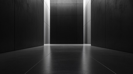 Dark hallway with a large empty space in the middle. The walls are made of concrete and the floor is tiled. The emptiness of the space gives off a feeling of loneliness and isolation