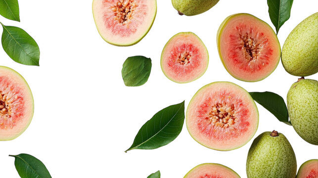 Fresh guavas arranged artfully with vibrant green leaves on a bright white background