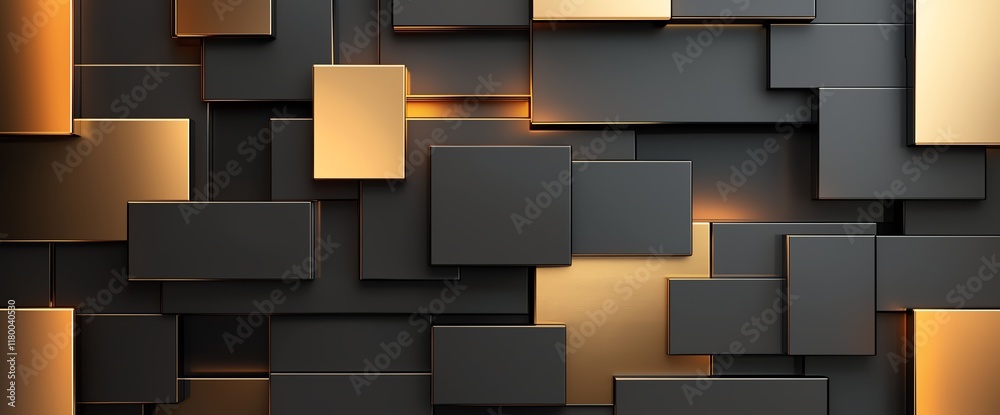 Poster An abstract background featuring a dynamic arrangement of rectangular shapes in black and gold hues. Ideal for design projects requiring a modern and sophisticated touch.
