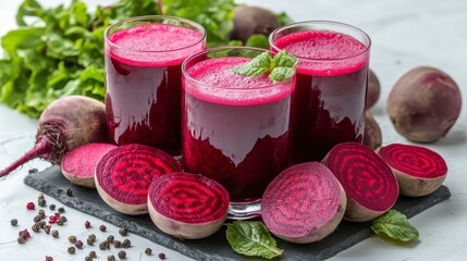Three glasses of fresh beetroot juice with sliced beets and mint leaves.
