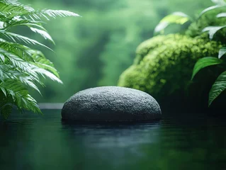 smooth stone rests on calm water surrounded by lush green foliage, evoking serenity