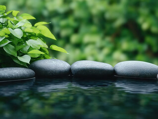 Tranquil hot spring surrounded by lush greenery with smooth stones and calm water