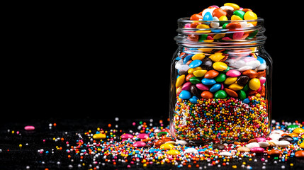 Obraz premium A glass jar filled with colorful candy and sprinkles, set against a dark background, creating a vibrant and festive appearance.