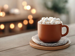 warm cup of hot chocolate topped with marshmallows in cozy setting with soft lights