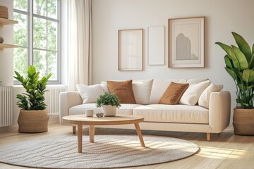 Serene Minimalist Living Room: Beige Sofa, Wooden Coffee Table, and Natural Decor