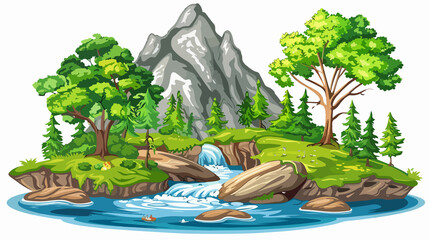 A scenic illustration of a beautiful landscape featuring trees, majestic mountains, and a serene flowing river, designed in a vector style.