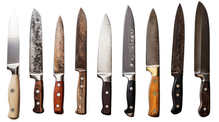 Discovering the beauty of diverse kitchen knives across styles and eras on a white backdrop