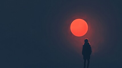 Person is standing in front of a large red sun. The sky is dark and the sun is the only source of light. The person appears to be looking up at the sun, possibly in awe or contemplation