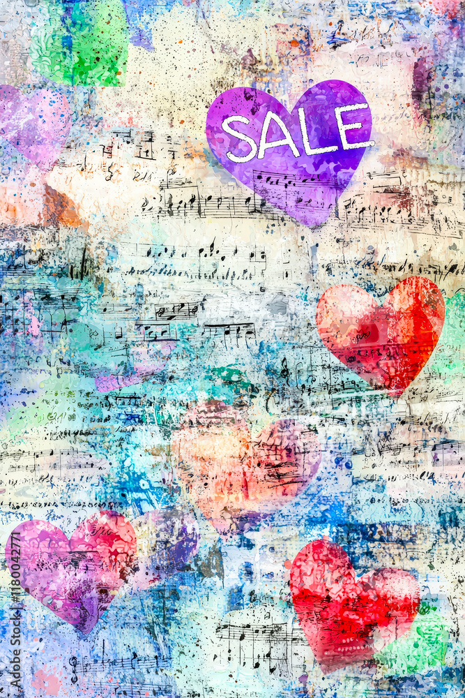 Poster a vibrant, colorful background showcases a mix of hearts in various sizes and a prominently displaye