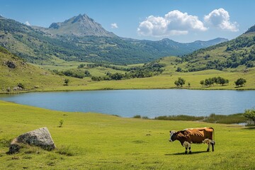 Serene Mountain Lake with Grazing Cow: Pastoral Landscape Painting
