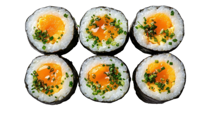 Tasty sushi rolls with egg, topped with fresh green onions on a white background