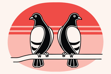 Minimal Black and White Pigeon Couple on Branch Vector Illustration