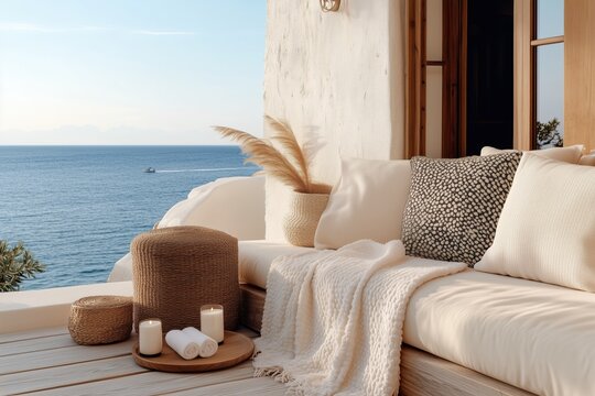 Cozy seaside patio with rattan furniture and ocean view at sunset