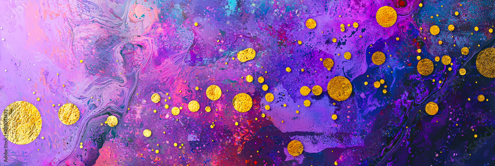 Poster vibrant abstract artwork showcases various shades of purple intermixed with gold circular accents, c