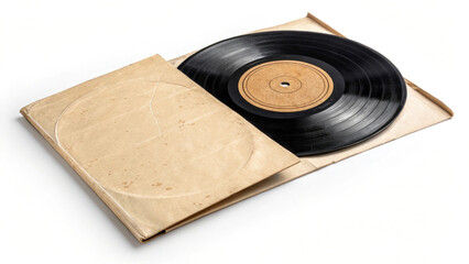 Fototapeta premium A vintage vinyl record partially emerges from an open, worn paper sleeve. The record's black surface contrasts with the aged, brownish envelope that shows signs of wear and discoloration.AI