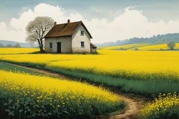 painting of a house in a field of yellow flowers