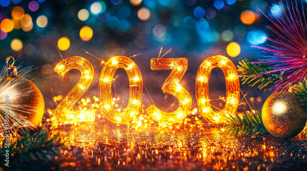 Poster A vibrant arrangement showcases the year 2030 in illuminated numbers surrounded by festive ornaments and sparkling lights