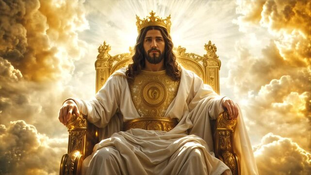 Majestic depiction of Jesus Christ as a king, dressed in white and gold, sitting on heavenly throne in radiant light.
