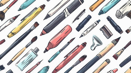 A seamless pattern featuring various art supplies, designed for creative and artistic themes.