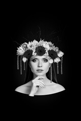 Creative magic mysterious collage of lady wild amazon princess have nature flower wreath beauty procedure