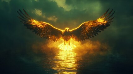 Obraz premium Fiery Golden Eagle Soaring Above the Water