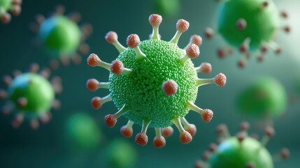 The image illustrates a detailed depiction of a virus, showcasing its spherical shape and surface spikes, set against a blurred background.