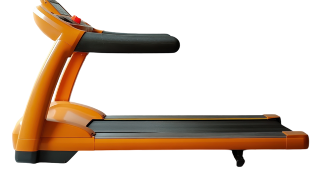 Vibrant orange treadmill in a well-lit gym, ready for a morning workout routine