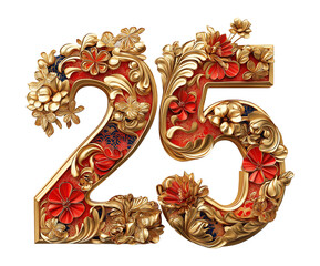 Artistically decorated 25 with Chinese new year style and pattern, gold and red color dominance 3d rendered - isolated png