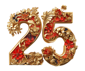 Artistically decorated 25 with Chinese new year style and pattern, gold and red color dominance 3d rendered - isolated png