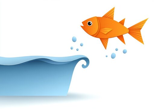 recommend clip art: A blue water polygonal background showcases a red orange origami paper fish in a trendy craft style