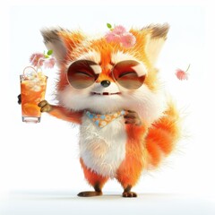 A 3D illustration of a jubilant Fox with a cocktail glass, highlighting the dog&rsquo;s contentment and the vivid colors of the drink. Fox with cocktail