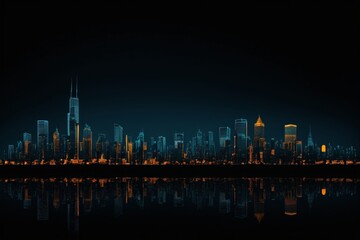 Obraz premium nighttime view of a city skyline with a lake and a reflection in the water