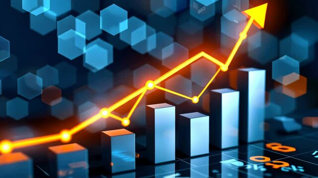 Visual representation of upward financial trends with glowing bars and graphs in a digital environment