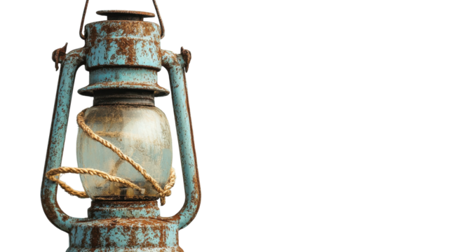 Rusty vintage lantern hanging with a charming patina against a bright backdrop