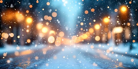 Naklejka premium Blurred winter city background with glowing festive lights and snowy streets, evoking a tranquil and magical urban atmosphere, style book illustration