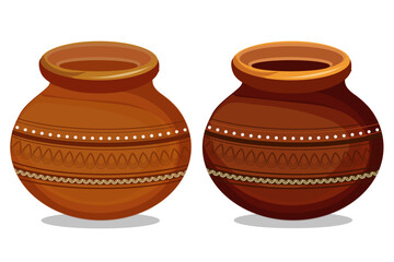 This illustration features two traditional Indian clay pots, known as Matkas, with intricate designs and patterns