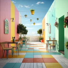Colorful Outdoor Dining Area with Vibrant Facades, Lush Greenery, Decorative Lanterns, and Brightly Painted Walls Under a Clear Blue Sky