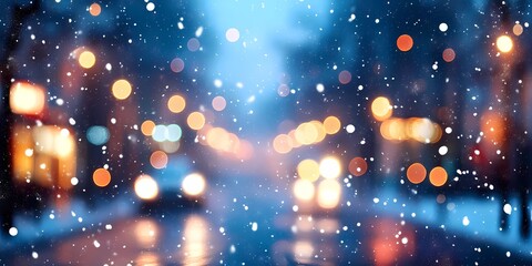 Naklejka premium Blurred winter city background with glowing festive lights and snowy streets, evoking a tranquil and magical urban atmosphere, style book illustration