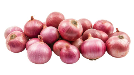 Freshly harvested red onions piled together in a vibrant arrangement on a white background