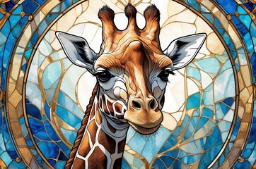 Fantasy abstract portrait of an exotic tropical giraffe animal with a colorful stained glass decoration illustration, nature theme concept texture design.
