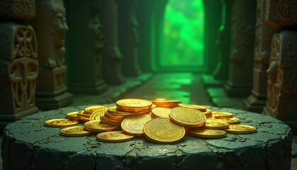 Golden coins piled on stone pedestal in ancient temple, St. Patrick’s Day