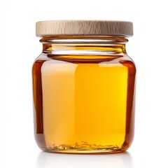 Small glass jar of golden honey with a rustic wooden lid, isolated on a white background 