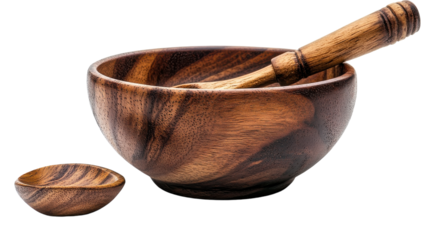 Artisan wooden bowl and pestle set crafted from rich, dark wood, perfect for culinary adventures