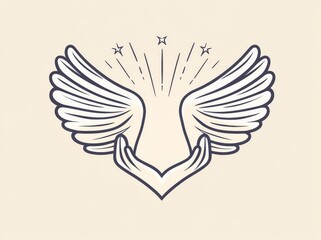 Obraz premium An abstract, hand-drawn flat graphic illustration with logo elements, a crane bird held in a human hand, and simple magic celestial sacred line art for branding, isolated on a colored background