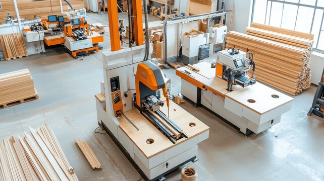 A modern woodworking shop featuring advanced machinery for cutting and shaping wood, surrounded by neatly stacked timber and a spacious working environment.