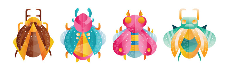 Colorful Bug and Beetle Insect with Wings Flat Vector Set