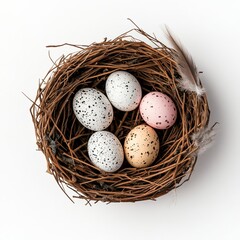 Obraz premium Miniature bird's nest with speckled pastel eggs and faux feathers isolated on a white background 