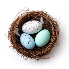 Obraz premium Miniature bird's nest with speckled pastel eggs and faux feathers isolated on a white background 