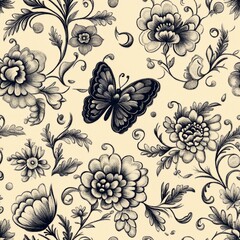 Romantic Damask Pattern with Butterflies and Flowers in Monochromatic Style, seamless pattern
