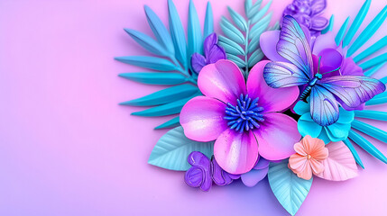 Obraz premium A vibrant arrangement of colorful flowers and butterflies against a soft purple background, evoking a cheerful, whimsical atmosphere.